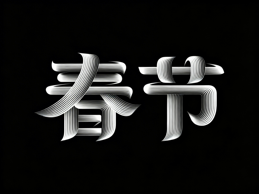 "春节"，先锋时的尚创意字体设计，将字体进行抽象变形（强烈对比，线条流畅且富有艺术感，创造出独特的节奏和动感，给人以强烈的视觉冲击）。纯黑色背景预览效果