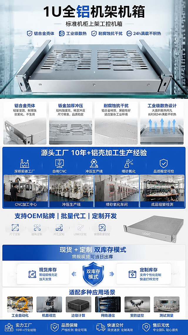 电商详情页，1U全铝机架机箱 标准机柜上架工控机箱，卖点：铝合金壳体，钣金加厚冲压，耐腐蚀抗干扰，工业级防尘散热网孔设计，长时间24h满载不积热，源头工厂10年+铝壳加工生产经验，自有CNC、冲压、喷砂全生产线，深圳实体工厂，支持OEM贴牌批量代工，现货+定制双库存模式，常规现货可当日出库，工厂实力风，适配爱采购平台，竖向长图展示