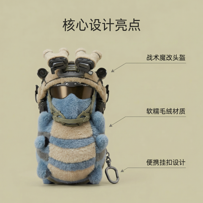 [主图 2] 三角中行动威虫毛绒挂件核心亮点展示；[氛围/风格] 简洁清晰产品质感展示，突出设计卖点；[画面元素] 产品主体保持和原图完全一致，居中展示，干净浅卡其纯色背景，围绕产品用引线标注核心亮点预览效果