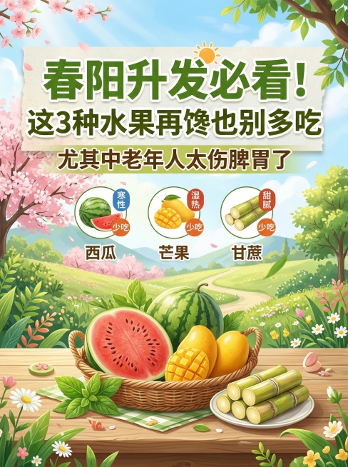 健康养生科普封面，主题为"春阳升发必看！这3种水果再馋也别多吃，尤其中老年人太伤脾胃了"，整体风格清新自然，春天背景，带有生机的绿色调，排版清晰醒目，突出标题文字，适合公众号图文头图预览效果