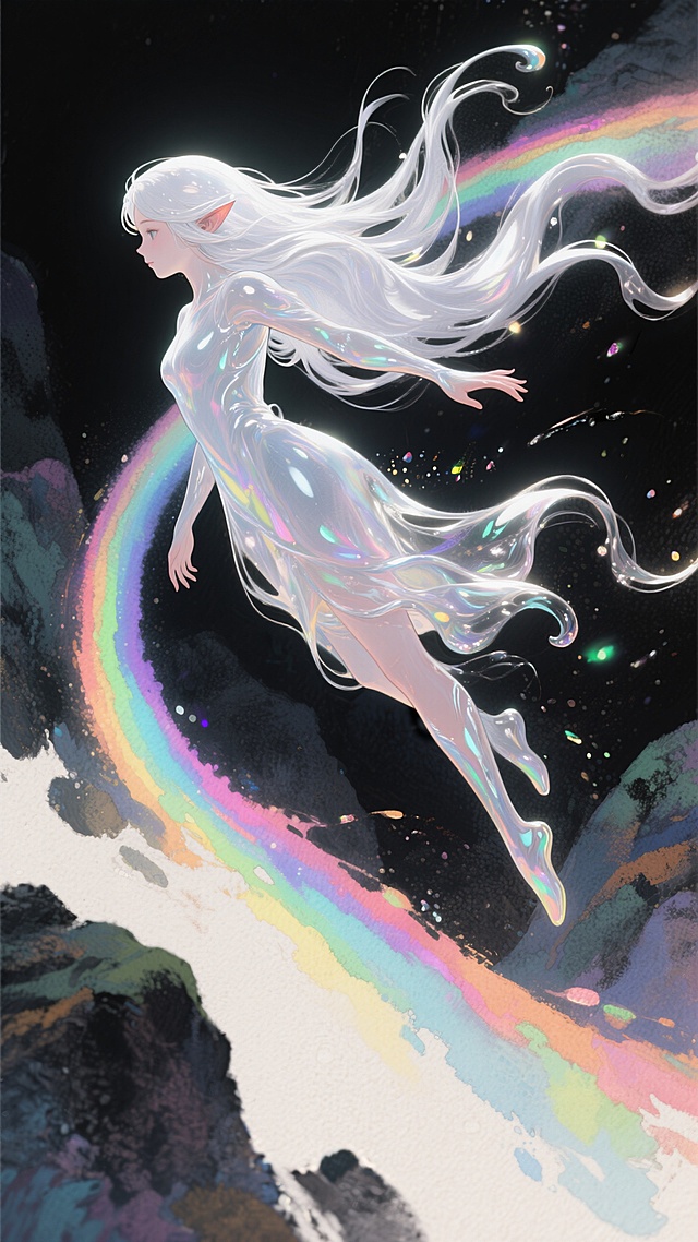 梦幻插画风，虚拟现实中的液态精灵，彩虹环绕，飘逸灵动。
