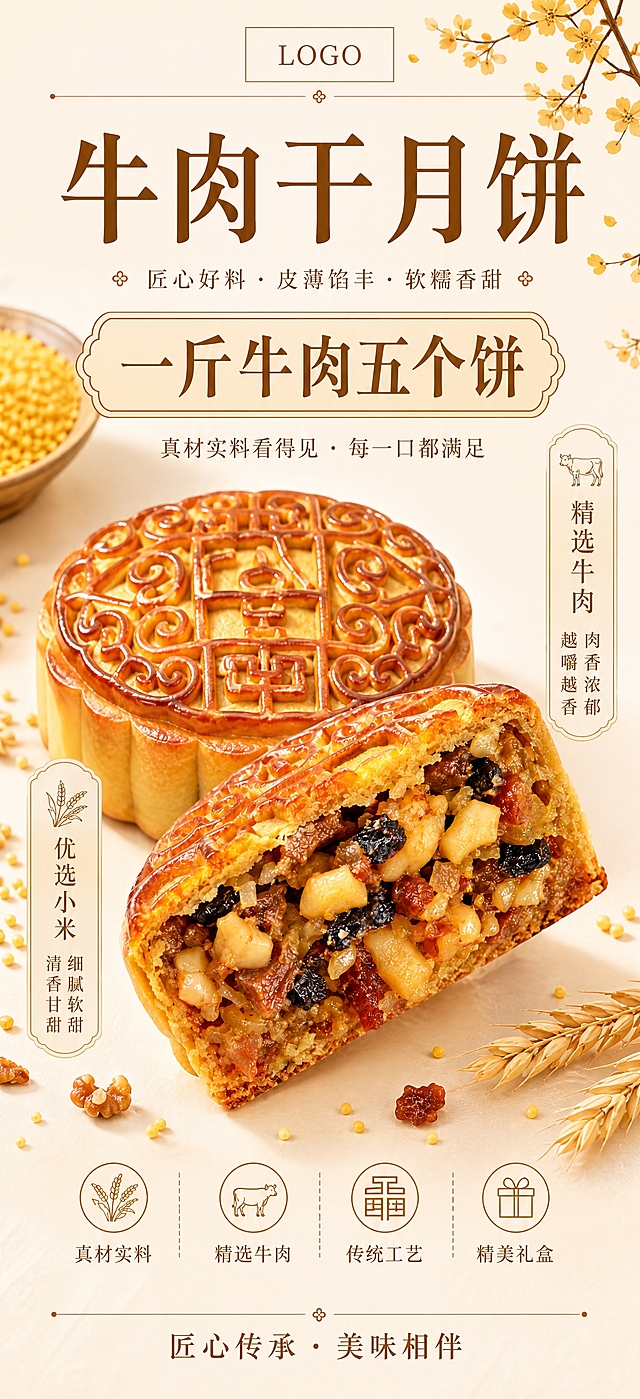 复刻参考海报的版式骨架、构图、配色体系、字体气质与视觉层级，生成一张竖版牛肉干月饼易拉宝海报，宽高比约为88:190（竖版超长幅）。

【顶部LOGO预留位】
画面最顶部预留一块独立区域（高度约占画面8%-10%），居中放置一个简洁的长方形占位框，框内标注「LOGO」字样，用于后续替换品牌logo，占位框为浅金色细边框+透明底，与下方主标题区用一条细装饰分隔线隔开。

【产品保真硬约束】
月饼主体100%以上传的3张商品图为唯一来源，完整保留月饼的外形轮廓、饼皮花纹、「牛肉干」字样、切面馅料结构（核桃仁、黑色配料、牛肉颗粒等）、颜色色号、材质质感与烘焙光泽，不改变主体形态与结构；仅优化光影、增加食欲感、让馅料更油润诱人。

【版式骨架复刻（参考图结构，适配超长竖版）】
- 顶部LOGO预留区：最上方独立区域，居中「LOGO」占位框 + 装饰分隔线
- 主标题区：大字号棕色宋体/衬线字体「牛肉干月饼」，居中，层级最大
- 副标题区：「匠心好料 · 皮薄馅丰 · 软糯香甜」，小号棕色字，两侧小花纹装饰
- 核心卖点框（最突出）：中式圆角边框内大字「一斤牛肉五个饼」，棕色描边+浅金底，字号仅次于主标题，视觉冲击力最强
- 辅助文案：「真材实料看得见 · 每一口都满足」，位于核心卖点框下方
- 产品主体区：画面中部为月饼主体，前景是切开的半块月饼（馅料朝向观众，饱满有食欲），后方是完整的圆形月饼，前后错落，有景深；产品占比适中，上下留出文案空间
- 左右竖标卖点：
  · 左侧竖标：麦穗图标 + 「优选小米」 + 「细腻软糯 清香甘甜」
  · 右侧竖标：牛肉图标 + 「精选牛肉」 + 「肉香浓郁 越嚼越香」
- 中下部卖点带：4个圆形线框图标 + 文字，从左到右依次为「真材实料」「精选牛肉」「传统工艺」「精美礼盒」
- 底部品牌区：「匠心传承 · 美味相伴」，装饰性分隔线，底部留足安全边距

【配色与氛围】
- 主色调：暖米白/浅杏色背景，棕色系文字（深棕、金棕），整体温暖雅致
- 背景：浅米色渐变，右上角点缀桂花枝/麦穗等中式秋季元素，左下角散落小米粒、坚果碎与小麦穗，营造中秋月饼氛围；超长竖版上下区域背景元素适度延伸，保持画面平衡
- 光影：顶部柔和自然光 + 前侧暖光，月饼表面有诱人高光，馅料油润有光泽，阴影柔和浅淡
- 整体风格：写实商业摄影，高端中式糕点质感，干净通透，食欲感强

【文字硬约束】
画面中必须完整呈现以下文字信息：
1. 顶部LOGO占位：「LOGO」（占位框内）
2. 主标题：「牛肉干月饼」
3. 副标题：「匠心好料 · 皮薄馅丰 · 软糯香甜」
4. 核心卖点（最大最突出）：「一斤牛肉五个饼」
5. 辅助文案：「真材实料看得见 · 每一口都满足」
6. 左侧竖标：「优选小米」「细腻软糯 清香甘甜」
7. 右侧竖标：「精选牛肉」「肉香浓郁 越嚼越香」
8. 中部卖点：「真材实料」「精选牛肉」「传统工艺」「精美礼盒」
9. 底部品牌：「匠心传承 · 美味相伴」

画面中所有数字必须精确渲染，不得错位、遗漏或编造。所有文字清晰可读，无错字、乱码。排版精美，层级分明，主体突出，四周留足安全边距。超长竖版上下布局均衡，不拥挤不空洞。

【其他约束】
- 不复制参考图原品牌「惠香园」及任何侵权元素
- 月饼处理得有食欲、油润、馅料饱满，但保证不改变主体外形与结构
- 画面清晰，2K以上分辨率，元素不拥挤，排版无错位