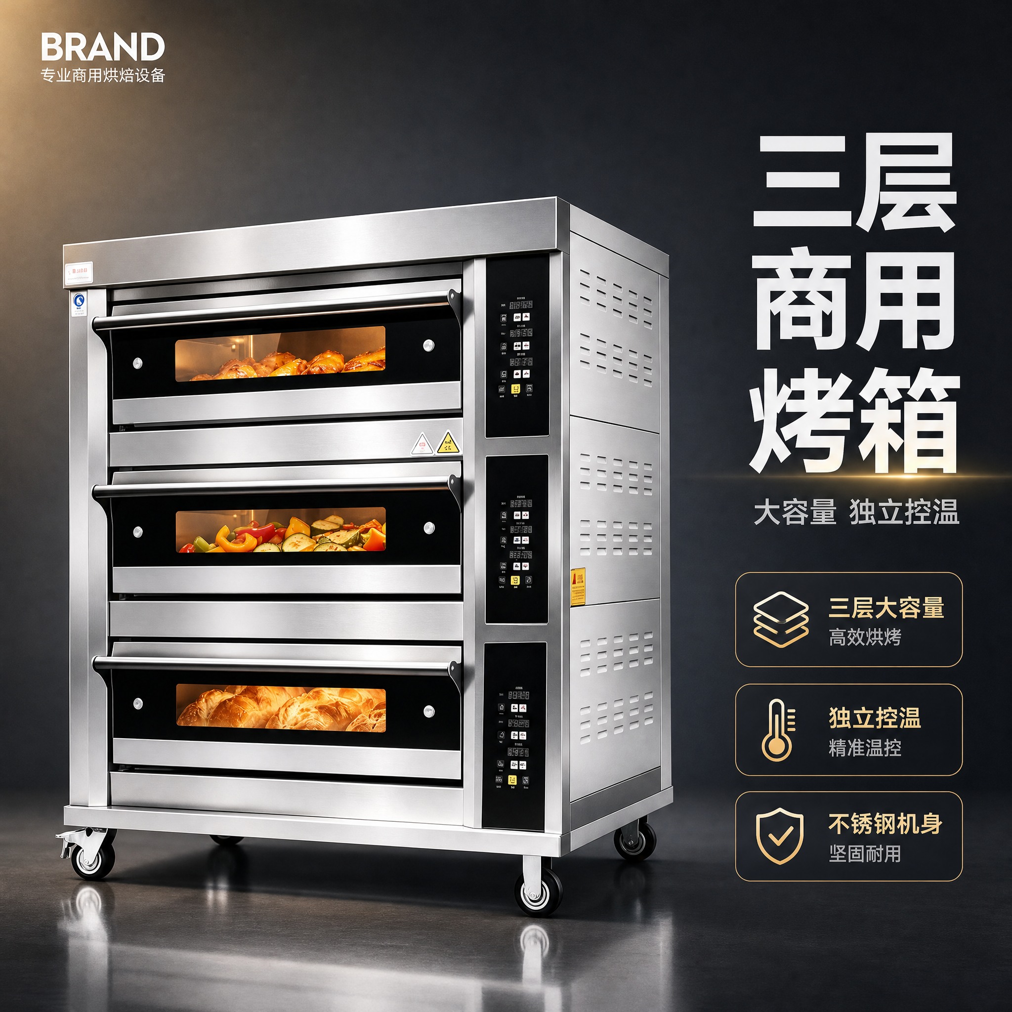 [主图-1] 商品识别首图，展示三层商用不锈钢电烤箱的完整外观… - 图片创意预览