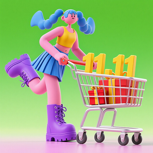 一个蓝色双马尾的酷女人推着购物车向前奔跑，（"11.11“黄色数字和一堆红色礼盒）一起放在购物车里，荧光绿色背景