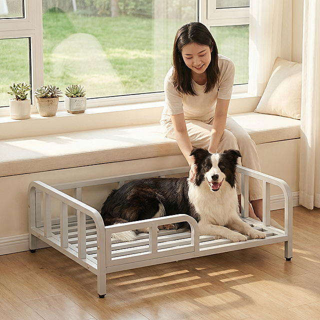 浅灰色金属框架狗床，保持原产品物理结构绝对不变，床下面没有轮子，床腿没有额外东西，床上没有床垫。产品主体不变形不扭曲。
平视构图，狗床放置在南向客厅的飘窗木质地板上，窗外是嫩绿草坪，小清新家庭氛围。
床上趴着一只开心微笑的边牧，一位年轻东亚女孩坐在飘窗软垫上温柔抚摸狗狗，互动自然。
柔和漫射暖光从窗户透入，低对比度，阴影极淡，奶白色调温馨治愈。
飘窗上摆几盆多肉绿植，阳光洒落斑驳光影，增添自然生机。
商业淘宝主图摄影，4K超清，干净通透，小清新风格。保持 1:1 画面比例。