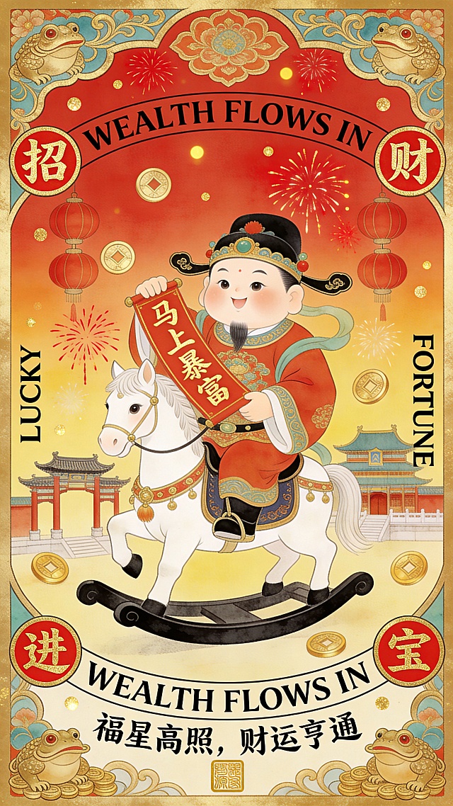 国潮年味风海报，以票据为原型的国潮设计画面，渐变红底色，外围是鎏金缠枝莲与金蟾衔宝边框，中央为一匹白马背上坐着财神，财神手持红色对联，对联上有金色文字“马上暴富”，财神服饰华丽喜庆，白马呈马踏飞燕姿势向前奔跑，马鞍精致，动作欢快灵动，Q版造型。周围环绕金色铜钱、红色灯笼、国风牌坊与四合院建筑、绽放的烟花，背景为柔和的红色与暖黄色渐变，点缀金色光斑和红色烟花纹理。顶部和底部有英文“WEALTH FLOWS IN”，两侧竖排英文“LUCKY”“FORTUNE”，周围排布“招财进宝”红边金漆字样，底部有中文“福星高照，财运亨通”并盖鎏金财源印章，整体呈现敦煌配色，造梦师诗意视觉风格，中西融合，细节丰富，全景镜头，复古潮趣