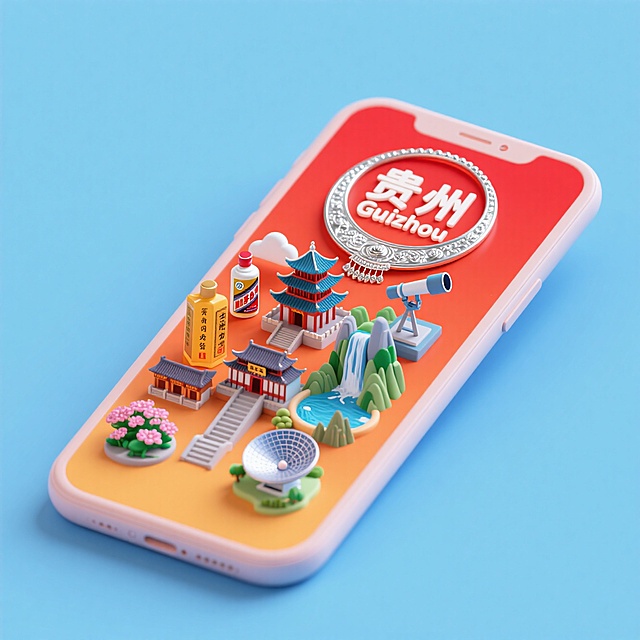 3D中式微缩艺术风，手机屏内展现贵州风情，建筑、山水、酒瓶立体生动。