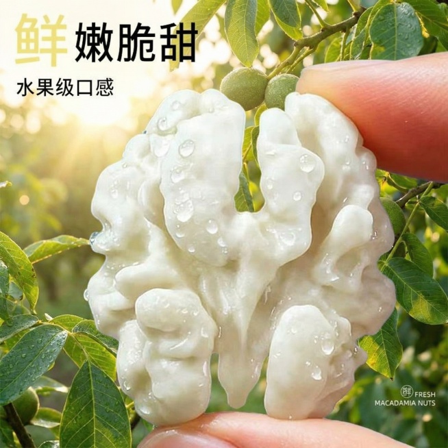 参考这张图片，生成一张类似的鲜嫩脆甜去皮鲜核桃仁口感宣传图，换一个真实且风格不同的全新背景，不要和原图蓝色背景相似，保留排版结构、所有文案内容和手指捏带水珠核桃仁的展示，核桃仁保持奶白色，整体尺寸75预览效果