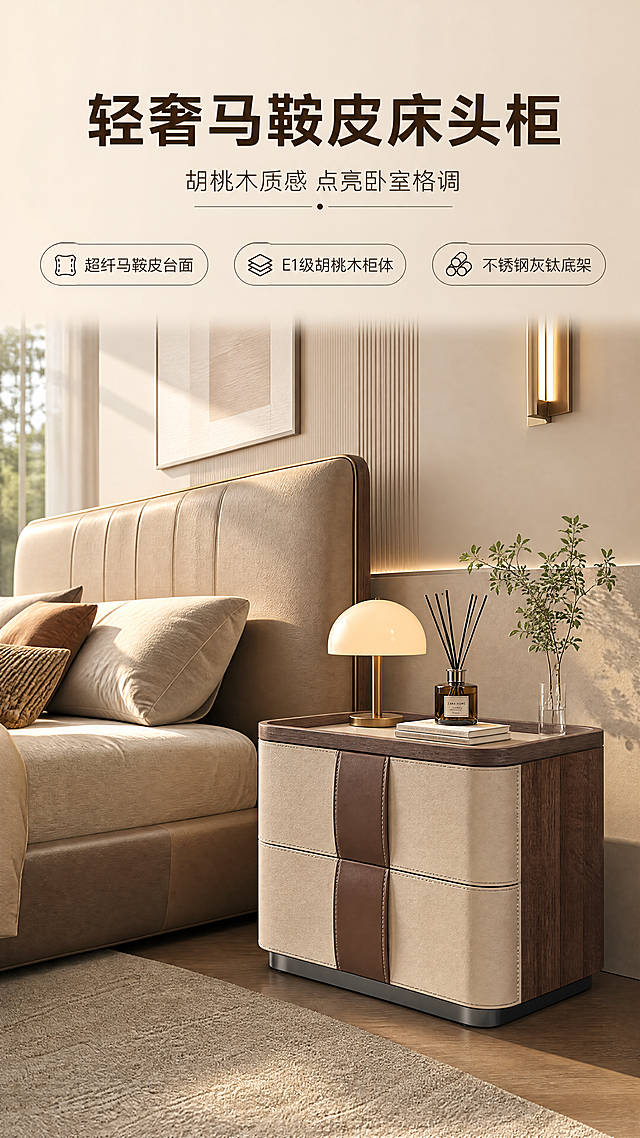 [商品] 使用【图1】DL-8824床头柜；保留双抽屉结构、米色马鞍皮正面、深棕色胡桃木侧板、顶部浅灰色马鞍皮台面、中间棕色皮质拉手带、底部灰钛金属底架、整体圆角方形轮廓；商品处理：增强皮革缝线质感、胡桃木纹理清晰度、金属拉丝光泽，不改变产品结构和颜色比例。
[画面] 目标：轻奢卧室空间头图，展示床头柜全貌与空间氛围。上文下景版式，顶部约1/4区域为文案区，下方3/4为整屋卧室lifestyle大场景；产品位于画面右下区域，占画面约40%，搭配同色系软包床、床头灯、香薰、绿植等软装；清晨暖自然光从左侧窗户洒入，营造温馨明亮的卧室氛围；前景地毯、中景床与床头柜、后景窗帘与墙面，3层景深。
[视觉] 套系策略：风格=轻奢现代高级商业摄影；标题字=现代无衬线粗体；正文字=简洁无衬线体；主色=暖米白+浅胡桃棕；背景延展=基于暖米白做深浅层级、同色渐变和细腻哑光质感；强调色=灰钛金属色，仅用于小面积图标、引线和标签；标题色=深胡桃棕；正文色=中暖灰；组件=圆角浅底信息卡、细线引线、金属质感图标；光影=左前侧暖柔光，明亮通透。
[文字] 顶部文案区：主标题「轻奢马鞍皮床头柜」，副标题「胡桃木质感 点亮卧室格调」，下方3条亮点胶囊：「超纤马鞍皮台面」「E1级胡桃木柜体」「不锈钢灰钛底架」；文字不遮挡产品主体。
[规格] 图片比例9:16竖版，4K分辨率，负向提示：避免变形、错字、文字过小、冷蓝背景、产品颜色改变、结构失真、极限词。