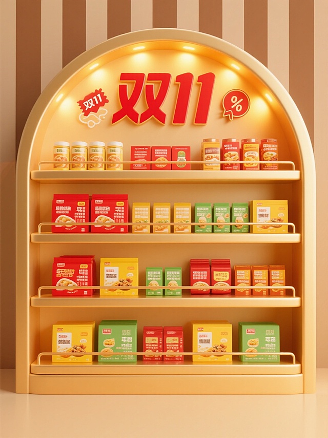 3D渲染风格的金色弧形货架，货架内分层摆放多种包装食品，包装色彩以红色、黄色、绿色为主，顶部有暖黄色灯光照射，背景为浅棕色条纹，整体呈现温馨明亮的氛围，货架上放置“双11”红色醒目标识，搭配促销元素如折扣标签、优惠券图案，视觉层级清晰，突出货架主体和促销信息，适合电商营销传播，具有简洁高效的信息传达设计感。