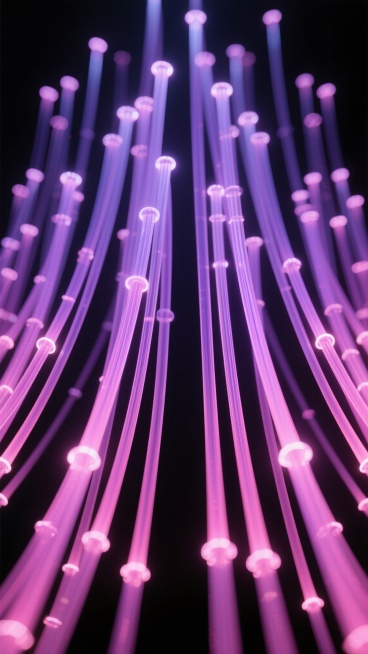 抽象背景，垂直排列的光纤束，采用渐变的紫色与粉色作为主色调，光线从底部向上逐渐变亮，光纤线条边缘锐利且带有轻微的光晕效果，整体呈现出对称的构图，背景为深邃的黑色以突出光纤的色彩和光泽，光线的亮度变化自然流畅，营造出科技感与梦幻氛围的结合，光纤束的排列疏密有致，既有规律性又不失变化。预览效果