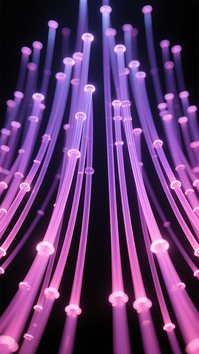 抽象背景，垂直排列的光纤束，采用渐变的紫色与粉色作为主色调，光线从底部向上逐渐变亮，光纤线条边缘锐利且带有轻微的光晕效果，整体呈现出对称的构图，背景为深邃的黑色以突出光纤的色彩和光泽，光线的亮度变化自然流畅，营造出科技感与梦幻氛围的结合，光纤束的排列疏密有致，既有规律性又不失变化。