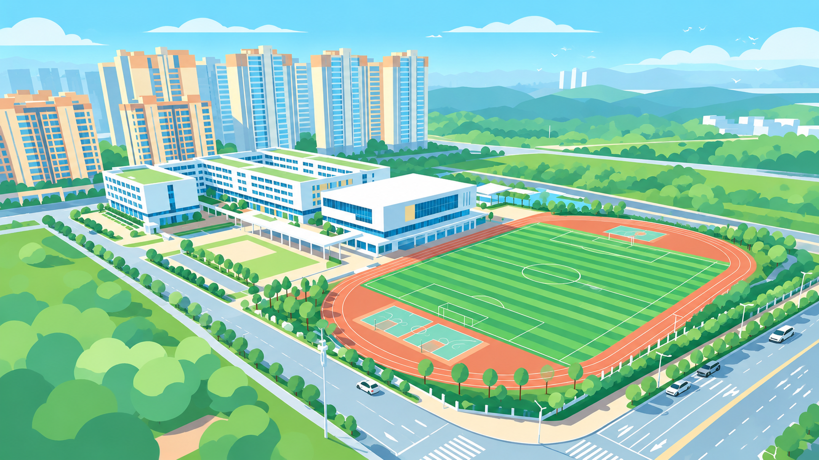 将第一张真实航拍照片转换为第二张图的现代扁平矢量插画风格。完整… - 图片创意预览