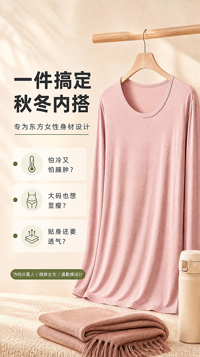 [商品] 使用【图1】豆沙粉色女士莫代尔秋衣；保留圆领、长袖、莫代尔面料质感、颜色；自然去皱，理顺垂坠，增强面料纹理，不改变版型结构。
[画面] 目标：设计理念页，说明"一件搞定秋冬内搭"，为怕冷星人、微胖女生、通勤族设计。构图：左文右图，左侧文字区占40%，右侧产品大图占60%。景别：中景，秋衣正面平铺或悬挂展示。阅读动线：从左标题到右产品。前景：折叠的同色系围巾、保温杯等秋冬道具；中景：豆沙粉秋衣主体；后景：暖米色肌理背景。
[视觉] 套系策略：风格=温柔暖调高级商业摄影风；标题字=现代无衬线粗黑体（思源黑体Heavy）；正文字=简洁无衬线体（思源黑体Regular）；主色=豆沙粉+浅米杏；背景延展=基于浅米杏做深浅层级、同色渐变和细腻织物/纸张质感；强调色=橄榄绿，仅用于小面积标签、引线和按钮；标题色=深炭灰；正文色=中暖灰；组件=圆角浅底信息卡、细线引线、橄榄绿胶囊标签；光影=左前侧45度暖柔光，柔和自然阴影。
[文字] 左侧主标题"一件搞定秋冬内搭"，副标题"专为东方女性身材设计"，下方3个痛点短句："怕冷又怕臃肿？"、"大码也想显瘦？"、"贴身还要透气？"，每个痛点前加橄榄绿小圆点。文字左对齐，层级分明，手机端清晰可读。
[规格] 图片比例9:16竖版，4K，避免变形、错字、文字过小、冷蓝/蓝灰背景、衣服颜色改变、版型失真、模特出现。