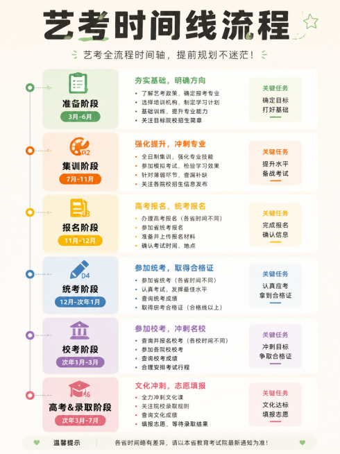小红书艺考时间线流程海报，清晰排版艺考各阶段详细流程时间线，简约设计风，适合手机观看预览效果