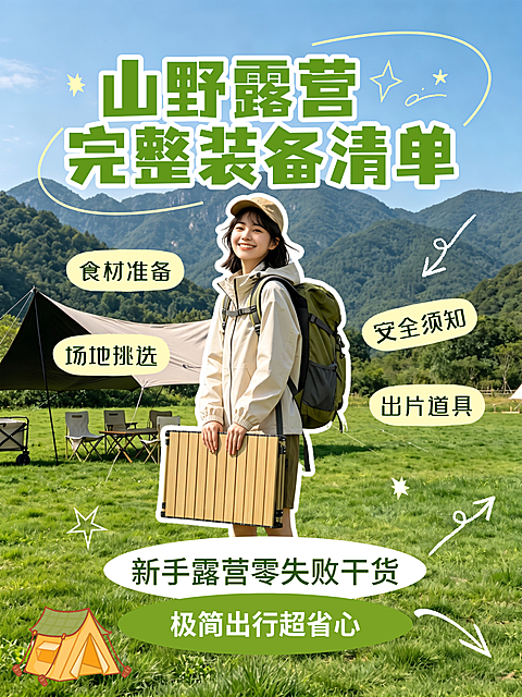 小红书人像封面山野露营装备清单新手干货清新治愈绿色系户外露营朋友圈