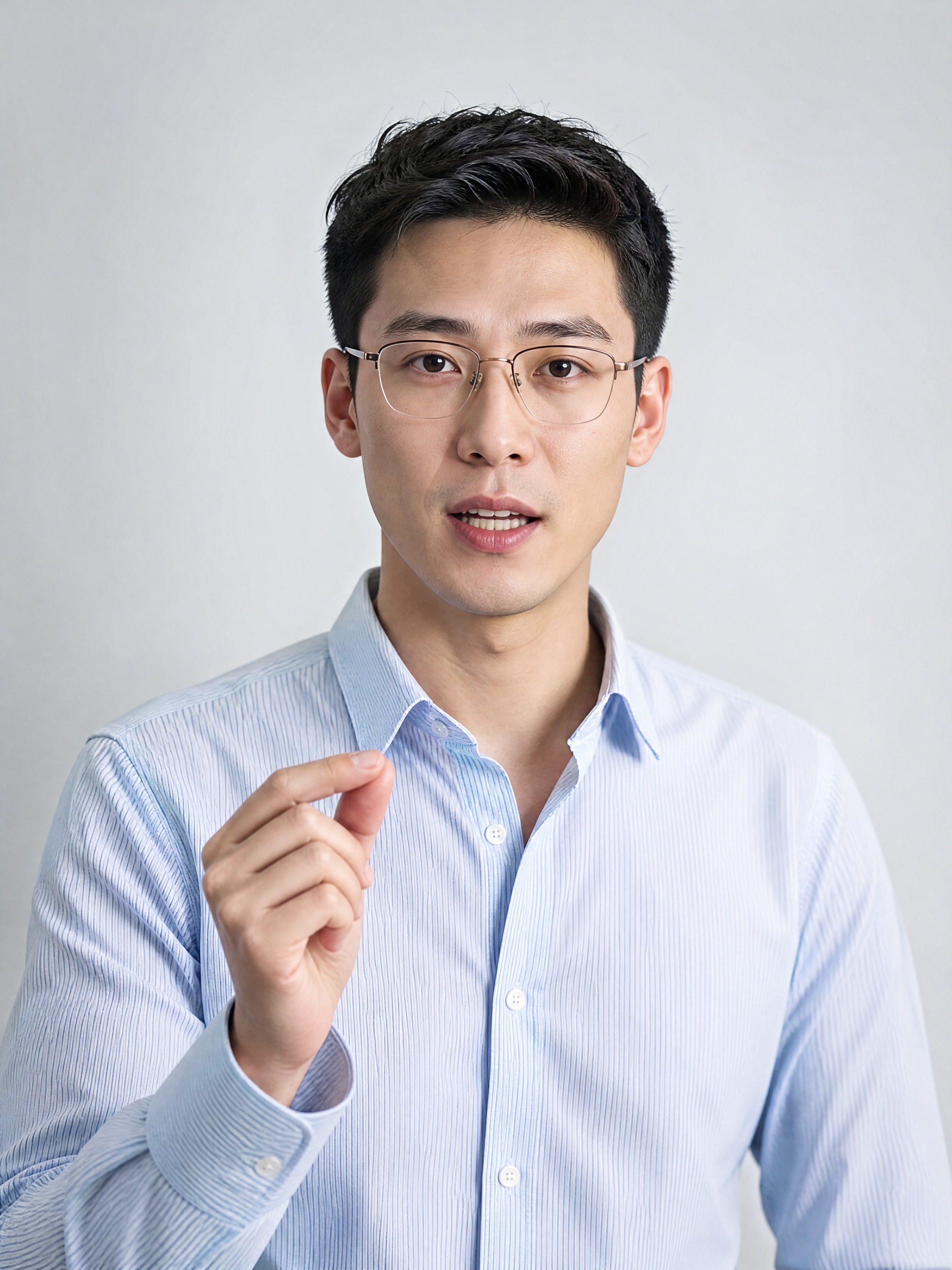 职场人士商务沟通简约风海报。画面呈现一位佩戴眼镜的亚洲男性，身… - 图片创意预览