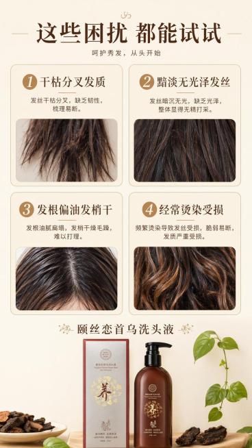 [第6屏] 适用人群匹配页-列出颐丝恋首乌洗头液适合的发质与困扰。本屏底部搭配【图1】产品小图。
[氛围/风格] 清晰分类卡片风，浅米色背景，网格卡片布局，易读性强。
[元素布局] 画面分为四格卡片，预览效果