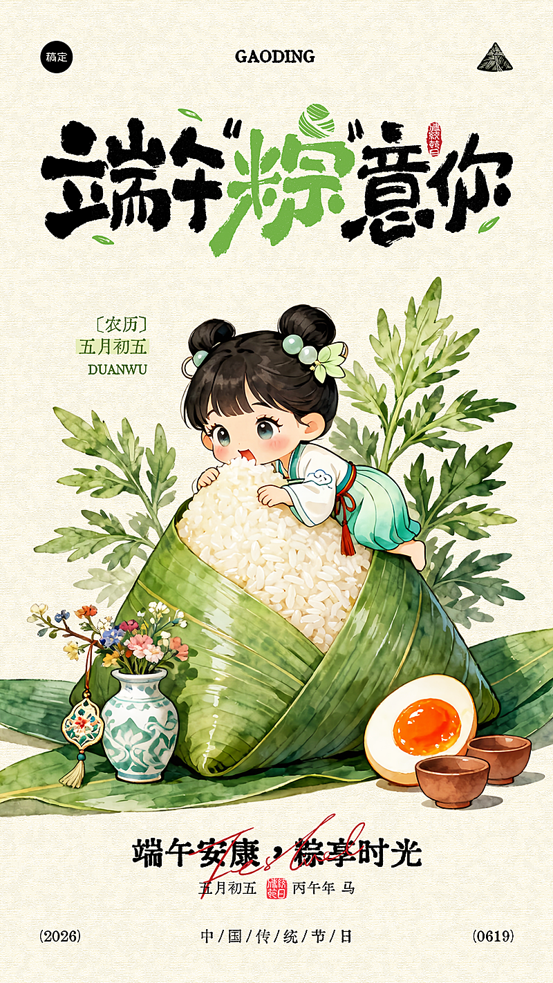 端午节节日祝福水墨风插画通用竖版海报