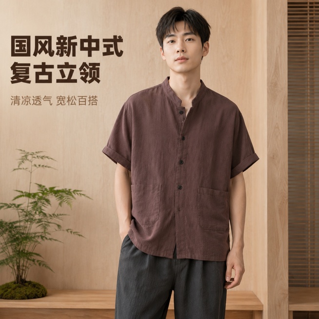 [主图-1] 国风男士衬衫正面模特穿搭首图，氛围风格：新中式古朴典雅氛围，高级感松弛感自然场景；画质：商业摄影质感，光线柔和通透，产品清晰真实，画面干净高级；元素：亚洲年轻男模特，身高180cm，身材预览效果