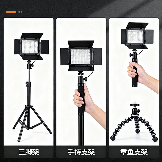 三格分屏布局：左中右分别展示三脚架、手持支架、章鱼支架使用场景，白色背景突出产品细节，简洁明了。
