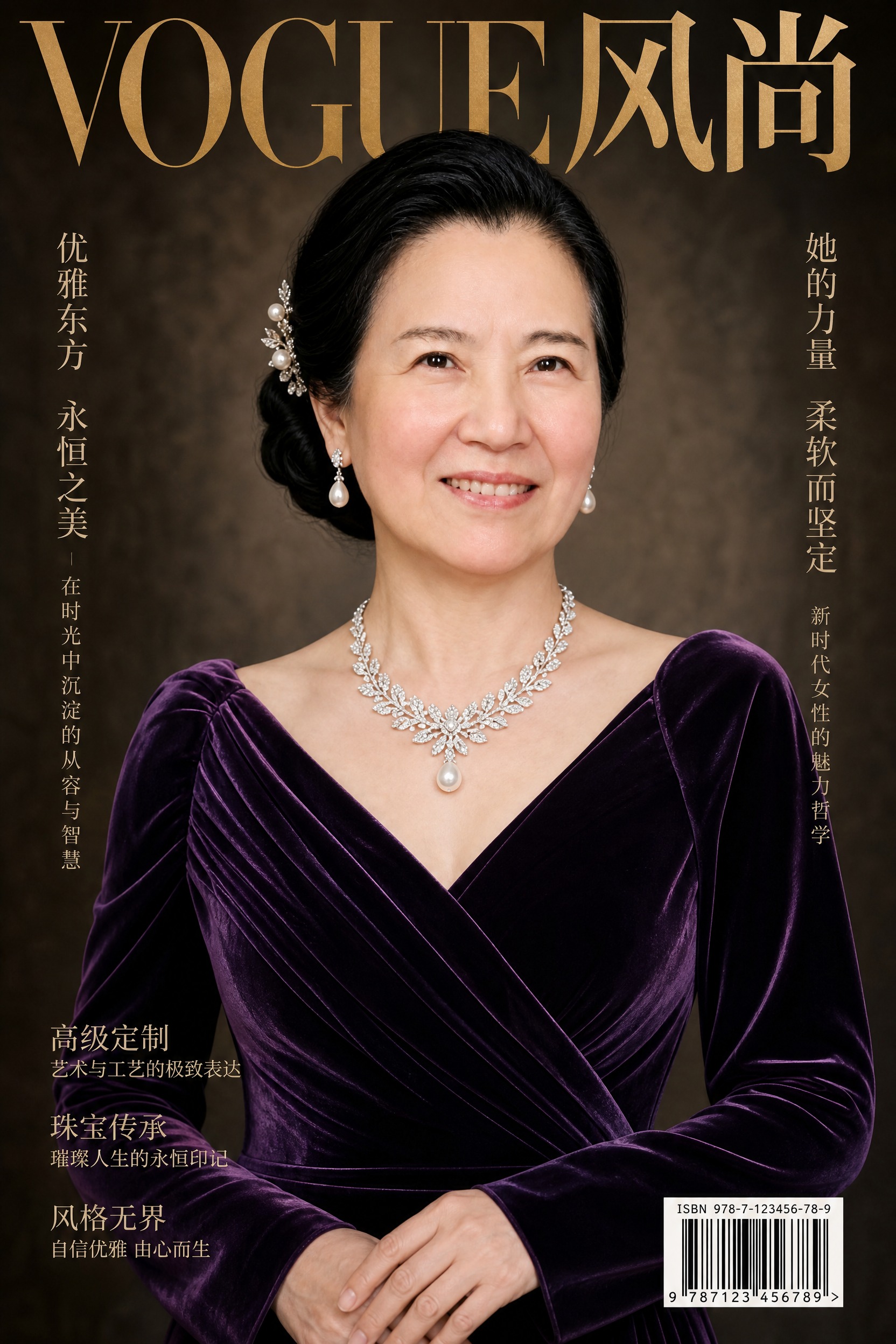 中国高端时尚杂志封面，40多岁优雅东方女性，保留参考图的人脸特… - 图片创意预览