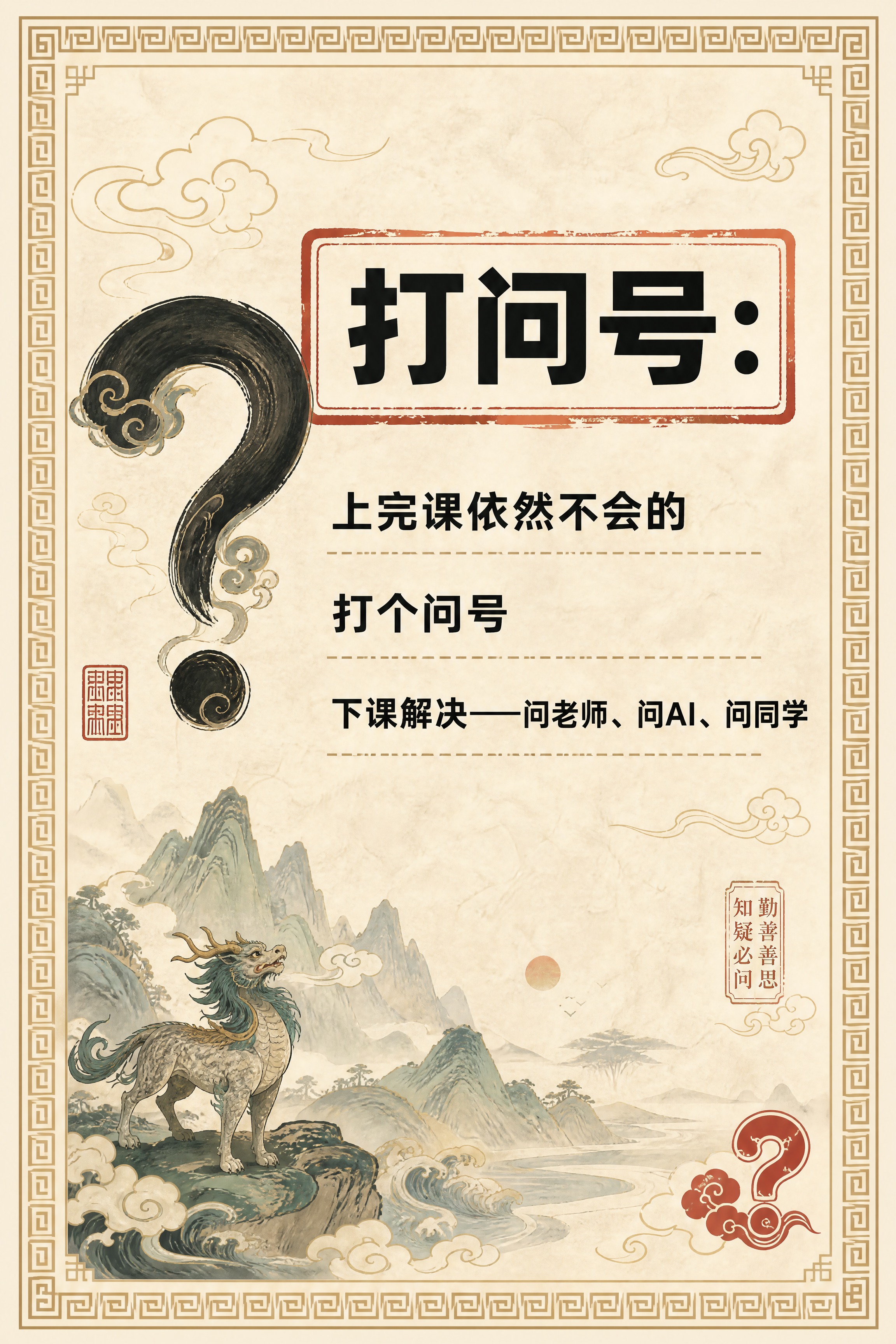小红书笔记内页，打问号技巧卡片，国风山海经风格，米黄色宣纸纹理… - 图片创意预览