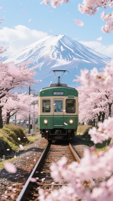 日本风景，高清摄影，大师级作品，画面中央一列绿色的复古电车行驶在铁轨上，铁轨两旁是盛开的粉色樱花树，樱花花瓣飘落，背景是连绵的雪山和蓝天白云，阳光明媚，光影清晰，色彩鲜艳，构图采用三分法，前景樱花虚化，中景电车清晰，远景雪山壮丽，整体氛围清新唯美，充满春日气息。预览效果