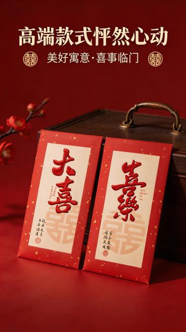 新中式国风轻奢婚庆礼品商业摄影，参考图红包设计，两款不同设计的中式婚庆红包并排摆放，平视角度，红包左右对称垂直居中放置，构图工整。画面上部分添加文案，居中主文案"高端款式怦然心动"，下方副文案"美好寓预览效果
