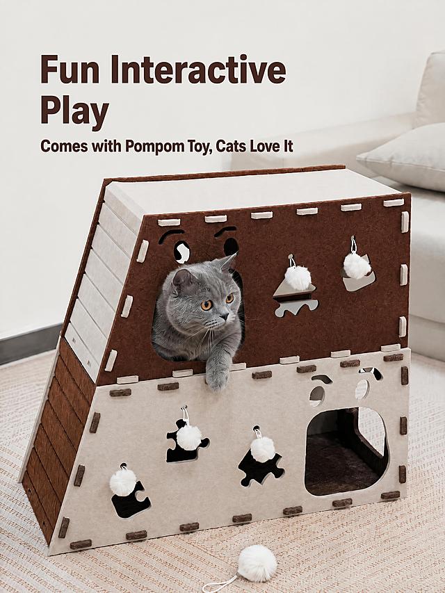 修改原图片，将所有中文替换为英文：主标题"Fun Interactive Play"，副标题"Comes with Pompom Toy, Cats Love It"，保留原图所有产品、猫咪、布局、颜色、光影不变，仅替换文字。