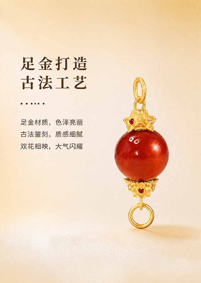 [商品] 使用原图中的古法足金双花螺丝扣南红圆珠款；保留双花头造型、南红圆珠色泽、天然红宝石与白蓝宝石镶嵌、古法金砂面肌理、足金原色、上下圆环结构、产品比例和厚度；去除顶部悬挂的透明鱼线，鱼线完全消除不留痕迹；禁止改结构、变形、发白过曝，宝石火彩自然，古法金质感完整保留。
[画面] 页面目标：足金打造古法工艺细节页；构图：左文右图，左侧文字区，右侧产品图居中；产品占画面宽度约50%，自然悬浮于浅米金背景中，底部有柔和投影；阅读动线：左文右图。
[视觉] 套系策略：风格=古法金轻奢雅致商业摄影风；标题字=宋体衬线粗体；正文字=黑体无衬线常规体；主色=浅米金#FFF8E6；背景延展=浅米金到米白的竖向渐变，整体暖调；标题色=深棕色#6B4423；正文色=深棕色#6B4423；组件=六个点"......"装饰分隔线；光影=左上方45°暖柔光，产品底部柔和投影。
[文字] 左侧文字区左上对齐：主标题两行"足金打造""古法工艺"（粗宋大号），下方"......"分隔，正文三行"足金材质，色泽亮丽""古法錾刻，质感细腻""双花相映，大气闪耀"（黑体）；所有文字横排，不遮挡产品主体。
[规格] 保持原图比例和尺寸不变，分辨率4K；负向提示：避免鱼线残留、产品变形、改结构、发白过曝、死黑阴影、冷蓝背景、文字竖排、文字遮挡产品、南红色泽失真、古法金肌理丢失。