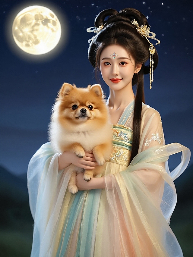 梦幻古典中式风，女子怀抱萌宠，鎏金服饰映月夜，超现实唯美画面。