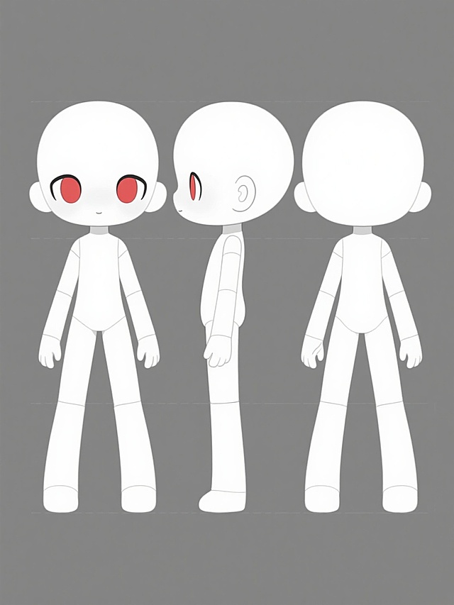 动漫风格人物三视图设计，纯灰色纯色背景，正面、背面、侧面三个视角的白色素体人物造型，线条简洁流畅，Q版比例，大头小身，正面人物有圆润面部轮廓和红色眼睛，侧面人物可见耳朵细节，四肢修长，关节处有简单线条标记，整体呈现干净利落的插画感，无任何文字、logo及装饰元素。