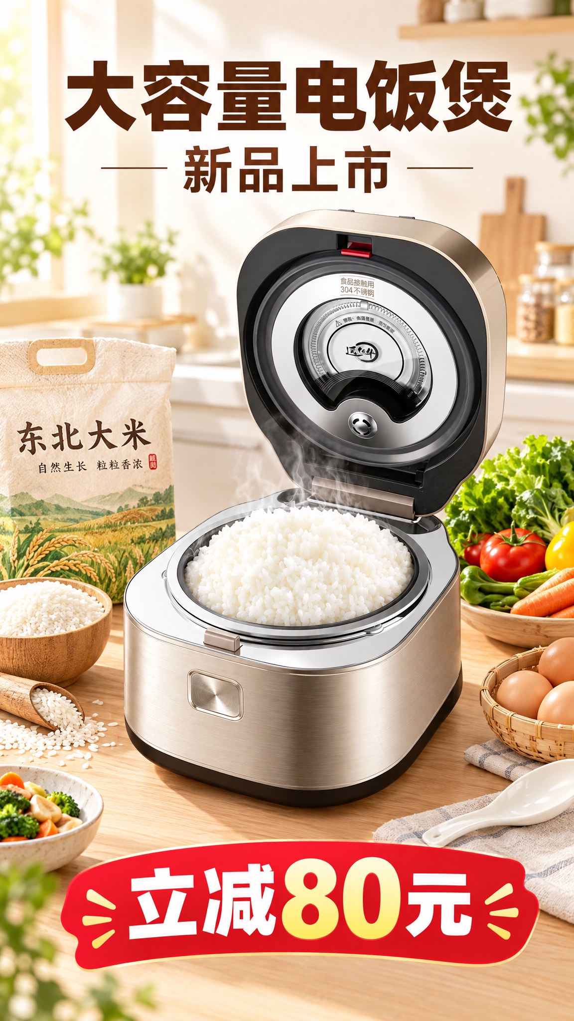 基于参考图中的这款电饭煲产品本体，生成一张9:16竖版生活展示… - 图片创意预览
