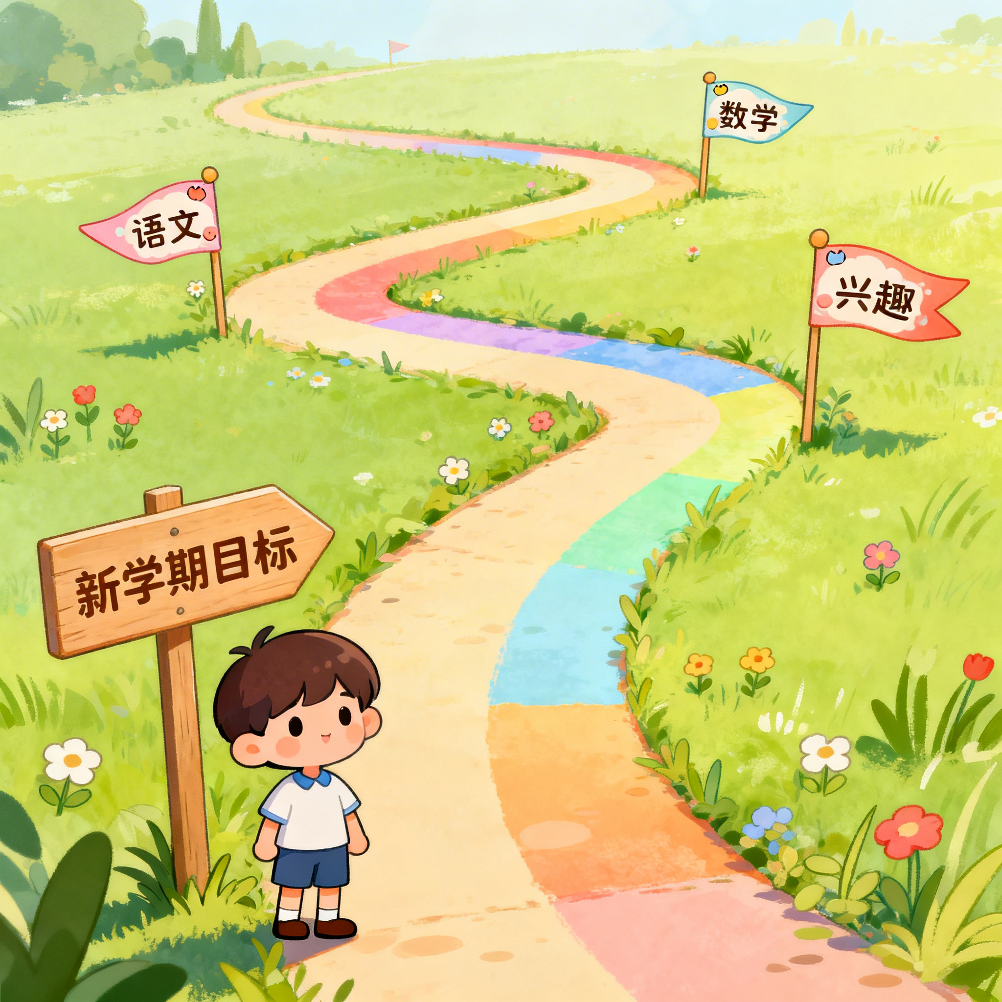 卡通风格新学期目标导航插图，可爱的卡通小朋友站在写着"新学期目… - 图片创意预览