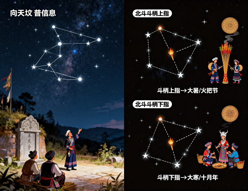 彝族北斗观星科普信息图，左侧为古代彝族在向天坟旁夜观星空的场景，夜空清晰呈现北斗七星；右侧分两组对应展示：上方绘制北斗斗柄上指的星象，标注“斗柄上指→大暑/火把节”，搭配彝族火把节的民俗元素；下方绘制预览效果