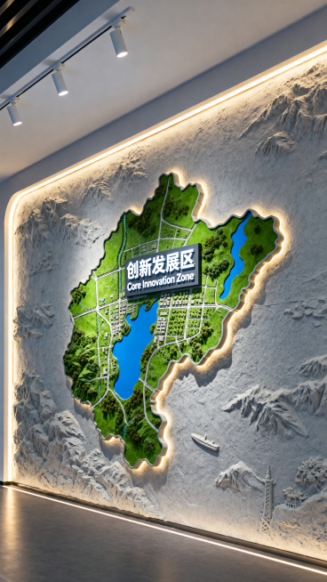 写实展厅实拍，墙面立体浮雕创新区域规划地图，边缘发光灯带，绿色规划区域蓝色湖泊水域，核心区域中英文标牌，现代科技展馆，顶部筒灯打光，浅灰色墙面，高清细节，竖版构图预览效果