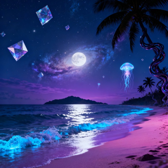 超现实主义风格海边风景，深邃靛蓝与紫罗兰渐变的夜空笼罩海面，月光在波光粼粼的海水上形成银色光带，沙滩呈现梦幻的粉紫色调，海浪泡沫泛着荧光蓝，远处岛屿轮廓被星云环绕，天空点缀着漂浮的半透明几何晶体和发光预览效果