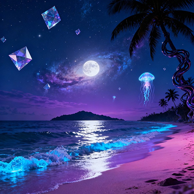 梦幻夜海，霓虹光影交织，水晶浮空，荧光水母翩跹，赛博椰树缠绕紫光，3D虚拟自然与未来感碰撞，浪漫神秘，唯美感爆棚。