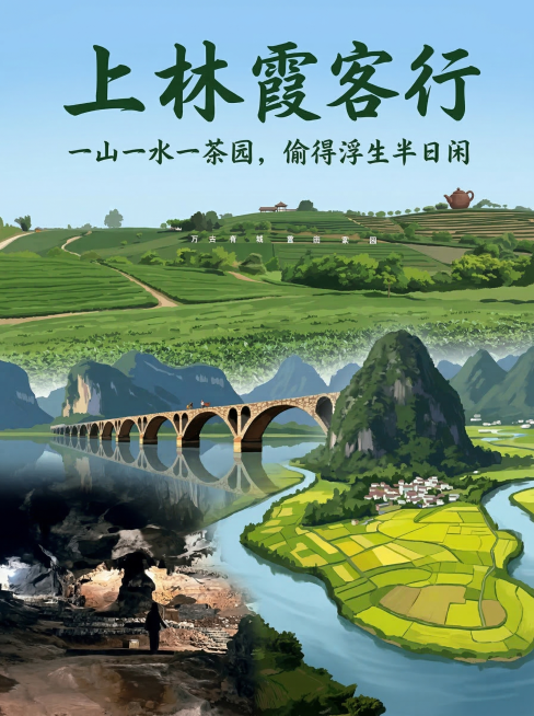 将四张图片合成一张旅行主题海报，顶部位置用大大的字体写上“上林 霞客行”，标题下方添加一行艺术字“一山一水一茶园，偷得浮生半日闲”，整体构图自然清新，保留四张图片的景观特色，整体风格自然大气，适合文旅预览效果