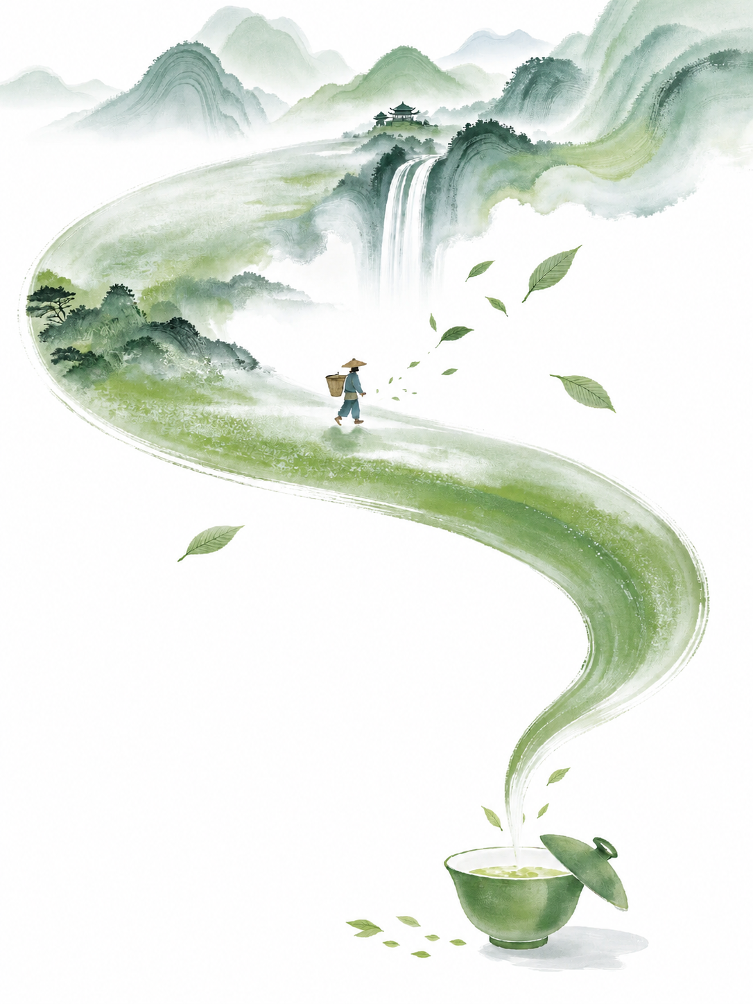 参考图的新中式国风水墨插画风格，保留画面构图和元素：从右下角绿… - 图片创意预览