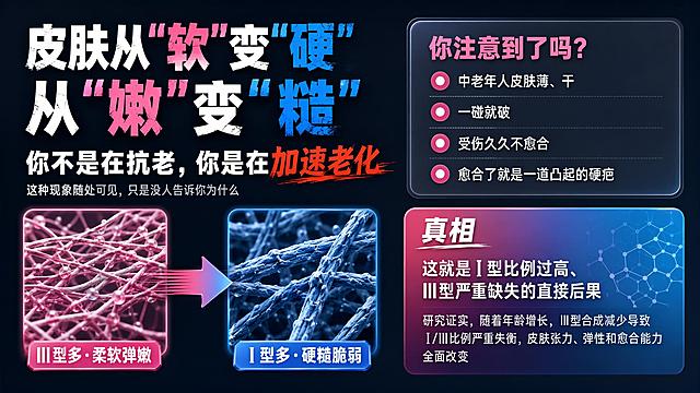 一张16:9横版专业护肤科普海报，主题讲解皮肤从软变硬与胶原失衡的关系。整体风格：有冲击力的科普风，粉蓝双色对比。配色为粉蓝体系：蓝色代表Ⅰ型胶原（硬/支撑），粉色代表Ⅲ型胶原（软/弹嫩）。背景为深灰到深蓝灰的渐变底色，营造严肃有冲击力的氛围。

版式结构：左侧主标题冲击区 + 右侧现象与原理解析区。

【左侧主视觉区】
- 顶部超大号主标题，分两行：
  第一行："皮肤从"软"变"硬""，其中"软"字用粉色，"硬"字用蓝色，形成强烈对比
  第二行："从"嫩"变"糙""，其中"嫩"字用粉色，"糙"字用蓝色
- 主标题下方有一行醒目的副标题："你不是在抗老，你是在加速老化"，白色粗体字，"加速老化"四个字用橙红色高亮
- 副标题下方小字："这种现象随处可见，只是没人告诉你为什么"，浅灰色小字
- 底部配一个对比示意图：左边是粉色纤细网状的年轻胶原（标注"Ⅲ型多·柔软弹嫩"），右边是蓝色粗实纤维的老化胶原（标注"Ⅰ型多·硬糙脆弱"），中间有一个向右的箭头表示变化

【右侧信息区】

上半部分（现象描述，白色半透明卡片）：
- 卡片标题："你注意到了吗？"，粉色粗体字
- 内容文字逐行呈现：
  "中老年人皮肤薄、干"
  "一碰就破"
  "受伤久久不愈合"
  "愈合了就是一道凸起的硬疤"
- 每句前有一个小圆点图标

下半部分（核心结论，用蓝粉渐变背景条突出）：
- 小标题："真相"，白色粗体字
- 核心结论文字："这就是Ⅰ型比例过高、Ⅲ型严重缺失的直接后果"，白色字
- 下方补充说明："研究证实，随着年龄增长，Ⅲ型合成减少导致Ⅰ/Ⅲ比例严重失衡，皮肤张力、弹性和愈合能力全面改变"，浅白色小字

画面中所有文字信息必须完整清晰呈现，不得缺失任何原文要点。版式精美，左右平衡，层级清晰，四周保留安全边距。整体配色：深蓝灰底色 + 蓝色（Ⅰ型/硬）+ 粉色（Ⅲ型/软）+ 白色主文字 + 橙红强调色，对比强烈有冲击力。

画面中所有信息区域必须填充完整合理的内容，不得出现空白框、空白占位或空区域。画面中不出现二维码。