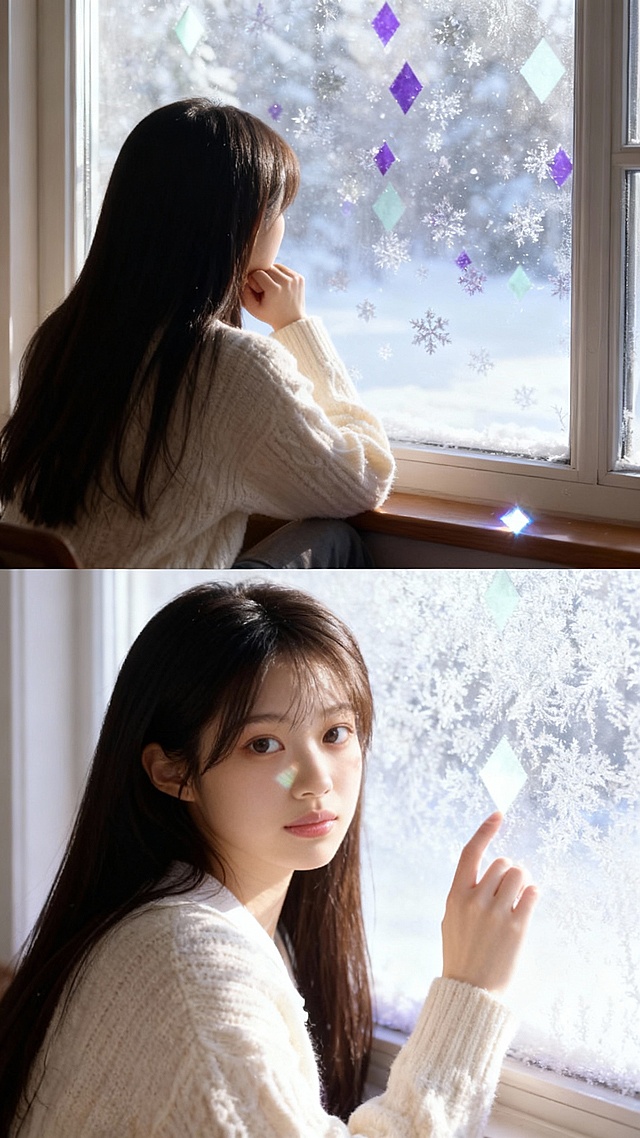 冬日窗边，少女凝望雪景，光影斑驳，胶片风与水彩质感交融，营造温馨梦幻的唯美氛围，轻拟物设计点缀雪花贴纸，尽显清新文艺气息。