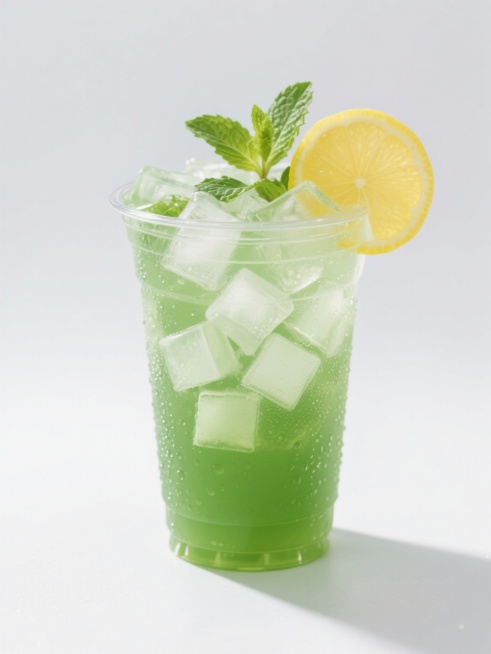 一杯透明塑料杯中装满了清新的薄荷绿色饮料，杯壁上布满了细密的水珠，杯中漂浮着大量透明的方形冰块，杯口边缘斜插着一片新鲜的黄色柠檬片，柠檬片上方点缀着几片嫩绿的薄荷叶，整体呈现出高度写实的摄影风格，光线明亮，色彩鲜艳，营造出清爽解渴的夏日氛围，背景为纯白色，突出饮料主体。预览效果