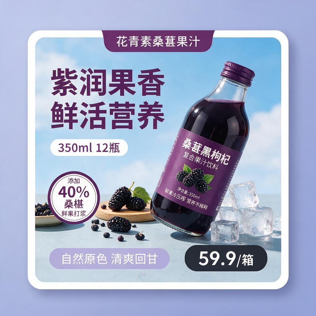 方形电商商业产品海报，桑葚黑枸杞果汁快消饮品宣传，整体调性清新… - 图片创意预览