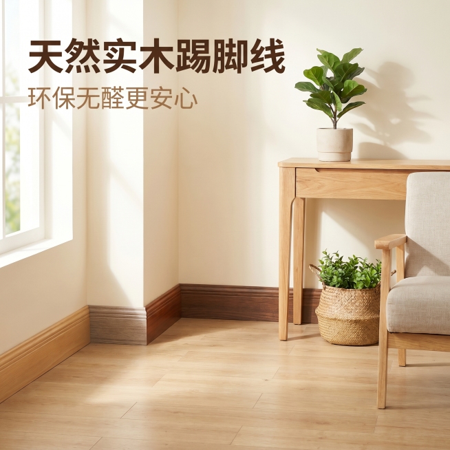 「图片1」，生成一套主图（5张），商品名称是实木踢脚线，卖点是天然实木踢脚线 环保无醛更安心 实木烤漆踢脚线 耐磨防潮不变形 整根实木踢脚线 守护墙面二十年 原木纹理踢脚线 适配全屋装修风 实木隐形踢预览效果