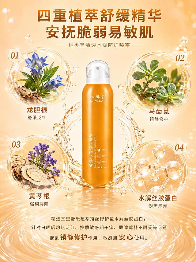 林奥堂清透水润防护喷雾四重植萃舒缓精华海报，延续暖橙色水润护肤风格。画面上方大标题"四重植萃舒缓精华 安抚脆弱易敏肌"。中间展示橙色喷雾瓶产品，周围环绕四种核心成分的可视化呈现：1.龙胆根：草本植物元素，配文"龙胆根 舒缓泛红"；2.马齿苋：草本植物元素，配文"马齿苋 镇静修护"；3.黄芩根：草本植物元素，配文"黄芩根 强韧屏障"；4.水解丝胶蛋白：蛋白分子结构，配文"水解丝胶蛋白 修护滋养"。下方文字说明：精选三重舒缓植萃搭配修护型水解丝胶蛋白，针对日晒后灼热泛红、换季敏感期干痒、屏障薄弱不耐受等问题起到镇静修护作用，敏感肌安心使用。整体风格与参考图一致，暖橙色调，水润透明质感，植物精华分子元素，高端护肤品成分海报质感，文字清晰排版美观
