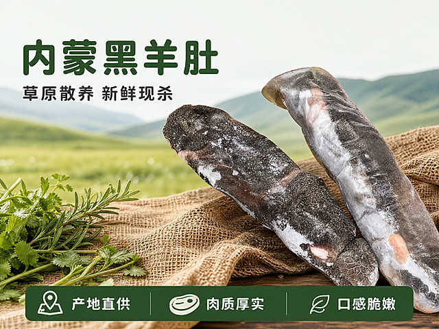 [第1屏] 详情页头图-内蒙黑羊肚主视觉宣传图。
[氛围/风格] 接地气草原风，深绿色主题，自然新鲜质感，商业生鲜摄影，画面质朴有食欲。
[元素布局] 使用【图1】作为黑羊肚商品主体，保持原产品深灰黑褐色、表面纹理、冷冻白霜、两条完整羊肚的物理结构和比例与输入产品图一致。黑羊肚主体放置在画面中下偏右区域，占据画面65%-70%。左上区域留白放置标题，背景上方是淡绿色的内蒙草原远山虚化背景，前景左下角搭配少量新鲜香草和粗麻布衬垫，右下角放置一个陶瓷盘装饰，整体层次分明。
[光影质感] 左前方柔和主光，突出羊肚表面纹理和冷冻霜感，右下方形成自然柔和阴影，产品边缘清晰真实，整体通透干净。
[配色色系] 全局底色：#F2F7F0（浅草绿灰）；主体配色：#3A413B（深灰褐色羊肚）+ #FFFFFF（霜点白）；辅助色：#2C5F2D（深绿标题）+ #97724F（麻布棕色）。
[视角构图] 正面45°斜侧视角，主体羊肚位于中下偏右，左上完整区域留给标题，景深背景虚化，阅读动线从上到下自然流畅。
[文字版式] 左上区域版式，主标题「内蒙黑羊肚」深绿色粗圆角黑体，左对齐，字号为画面宽度的9%-11%，主标题下方副标题「草原散养 新鲜现杀」，字号约为主标题35%，深灰色同字体。底部深绿色横条放置三个卖点图标：「产地直供」「肉质厚实」「口感脆嫩」，每个卖点配浅色小图标，文字白色清晰可读，不遮挡主体羊肚。字形路线为圆角黑体，字色仅深绿+深灰两种，字效纯色填充，全详情页复用此规范。
[比例分辨率] 4:3竖版比例，4K分辨率，文字清晰可辨，超高清。
[负向提示词] 羊肚变形，结构缺失，颜色偏差，水印，文字错乱，产品图模糊，背景杂乱，虚假宣传，绝对化用词。