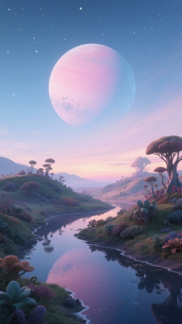 生成15张星球科幻高清图的生成。呈现不同色彩搭配、地貌特征的外星星球场景，包含巨型星球、山地水域、星空等元素。预览效果