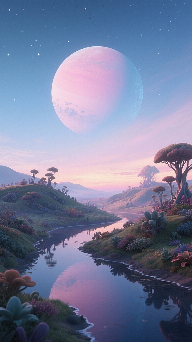 生成15张星球科幻高清图的生成。呈现不同色彩搭配、地貌特征的外星星球场景，包含巨型星球、山地水域、星空等元素。